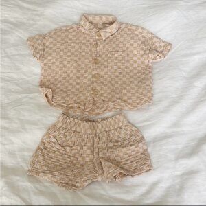Rylee and Cru Kelli peach Two-Piece Peach Check Button Shirt & Shorts Set